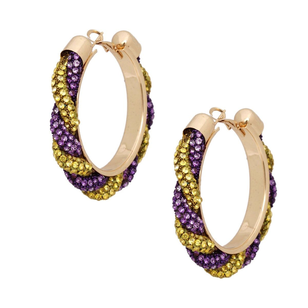 Twisted Hoop Earrings | Purple Yellow Rhinestone Torsade Hoops Gold Tone