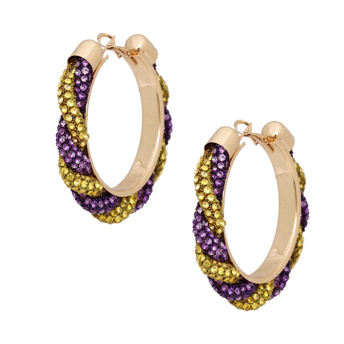 Twisted Hoop Earrings | Purple Yellow Rhinestone Torsade Hoops Gold Tone