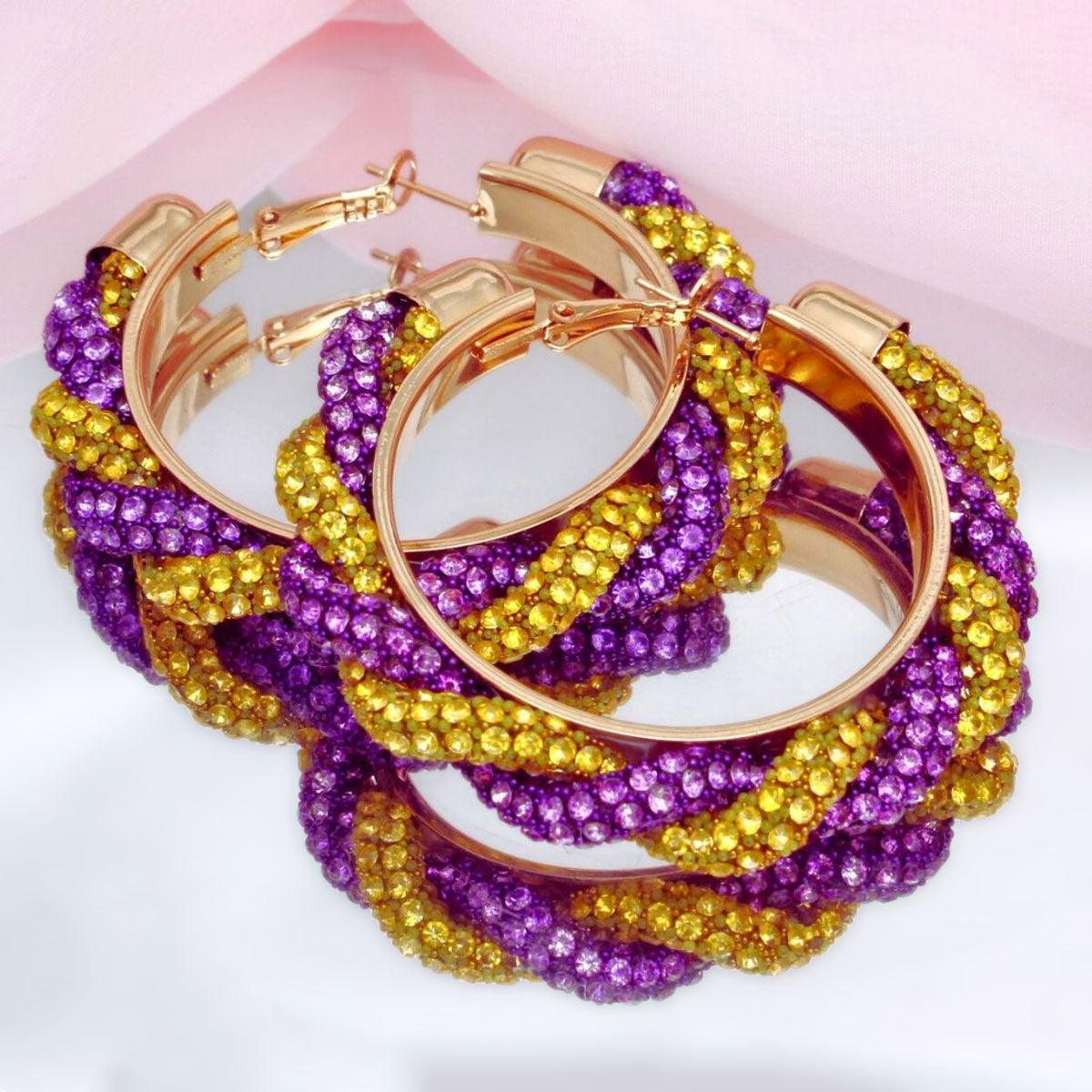 Twisted Hoop Earrings | Purple Yellow Rhinestone Torsade Hoops Gold Tone