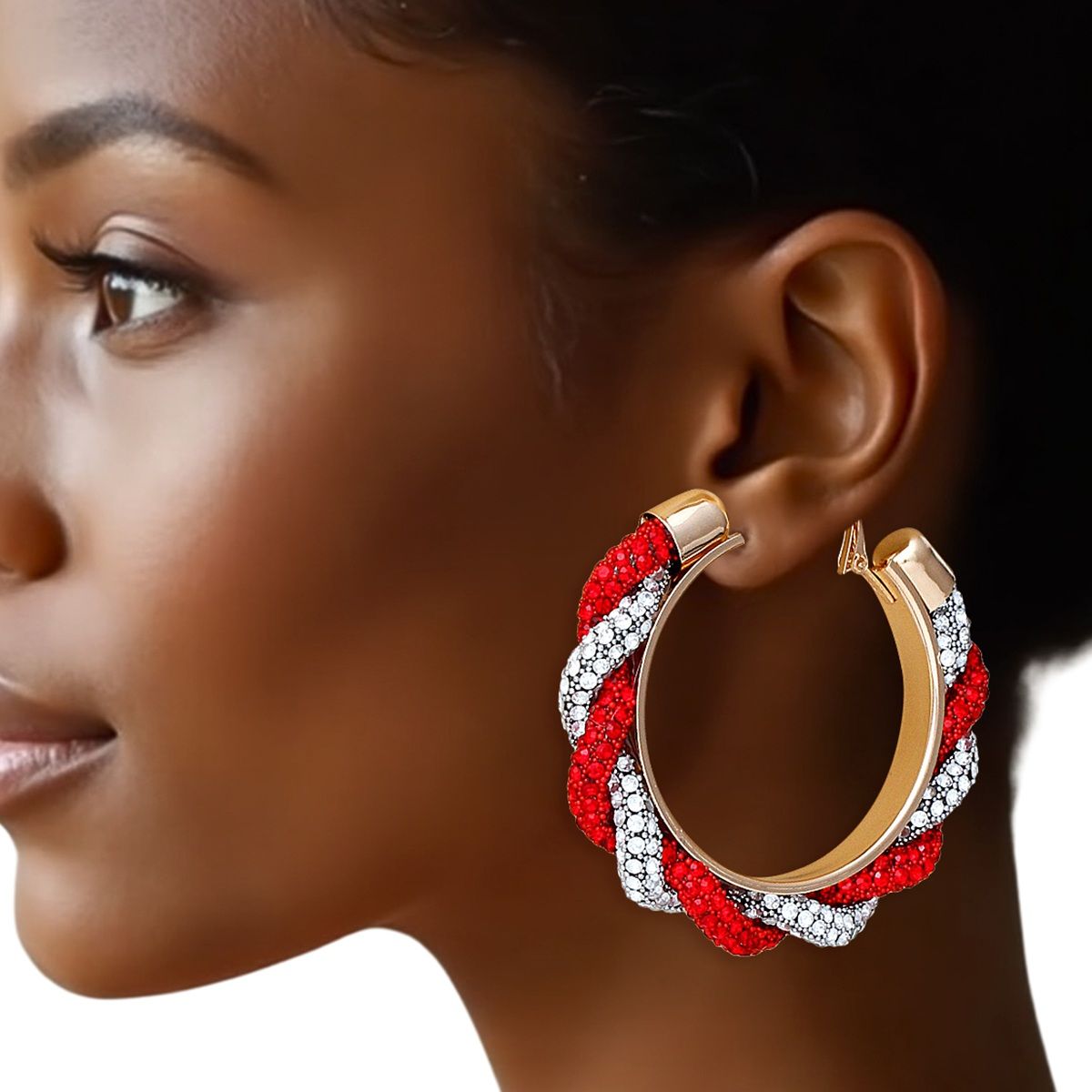 Twisted Hoop Earrings | Red Clear Rhinestone Torsade Hoops Gold Tone