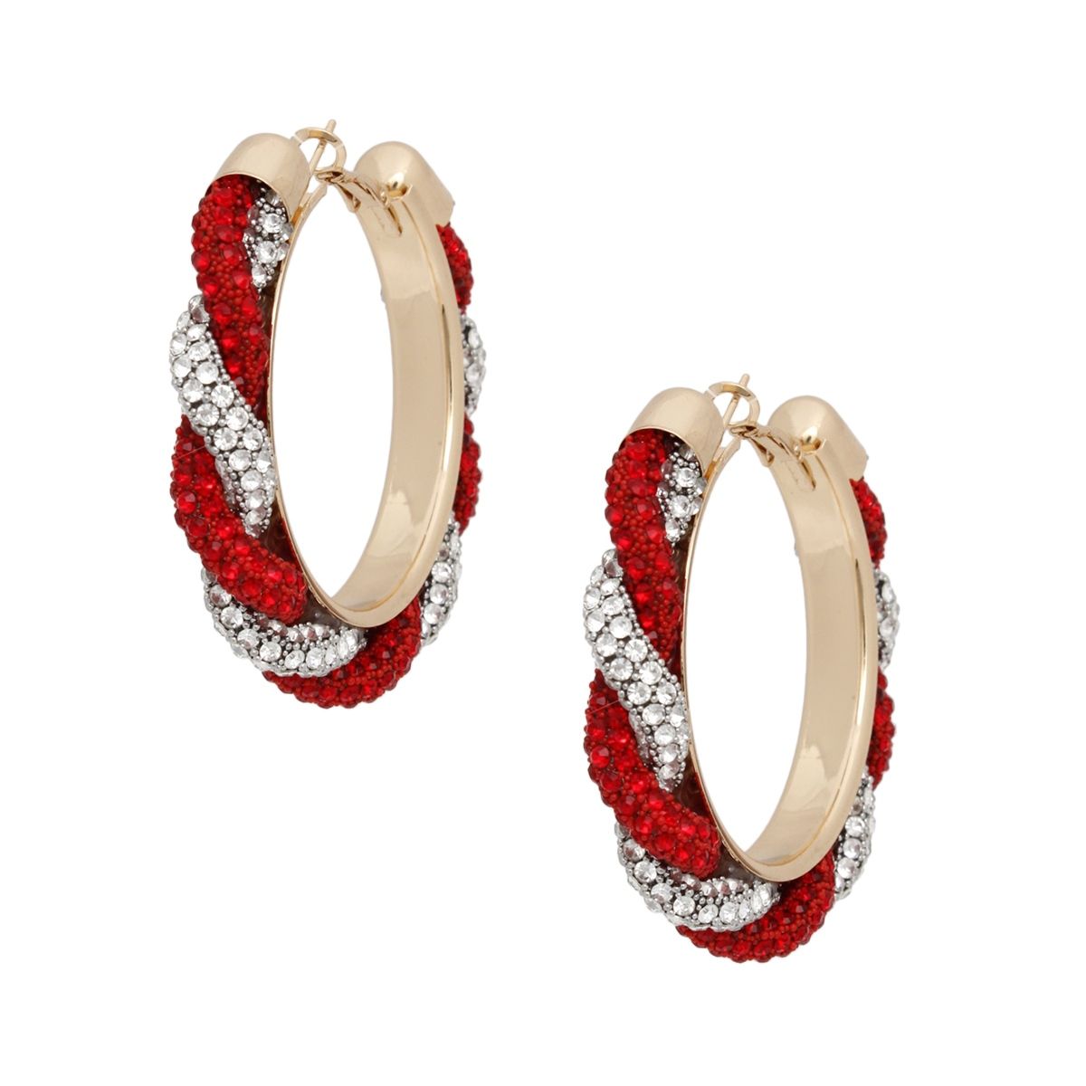 Twisted Hoop Earrings | Red Clear Rhinestone Torsade Hoops Gold Tone