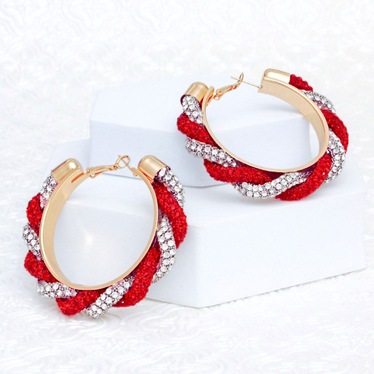 Twisted Hoop Earrings | Red Clear Rhinestone Torsade Hoops Gold Tone