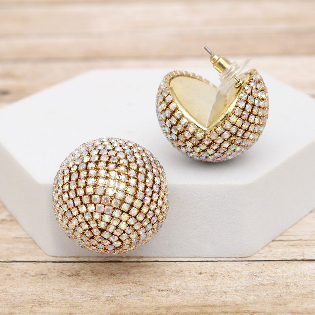 Aurora Borealis Rhinestone Earrings Globe Studs Gold
