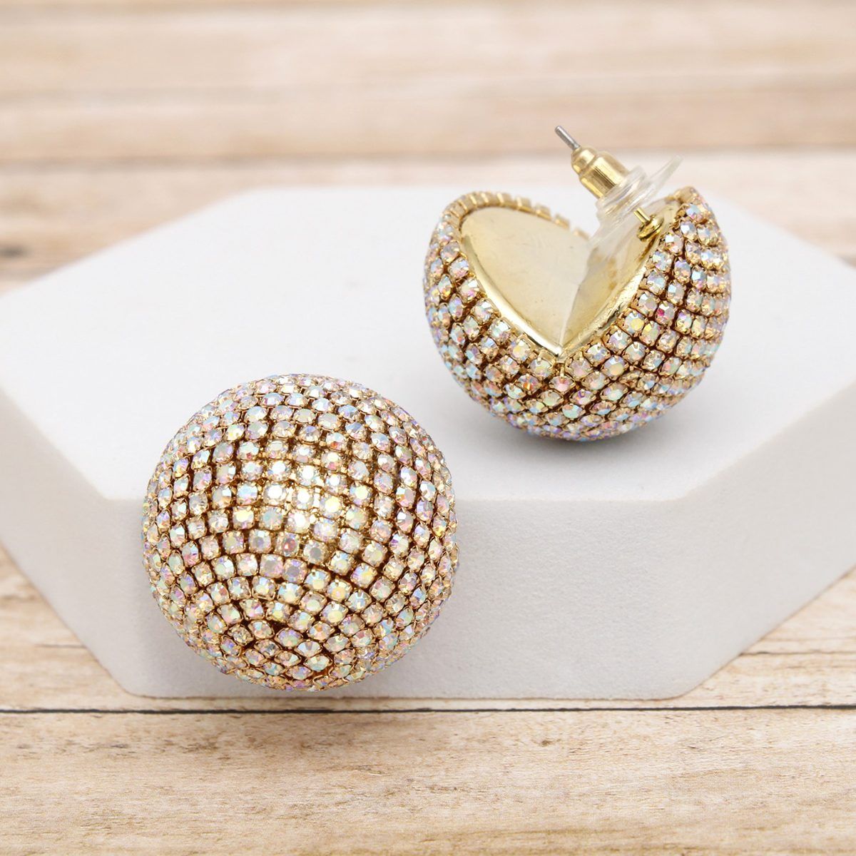 Aurora Borealis Rhinestone Earrings Globe Studs Gold