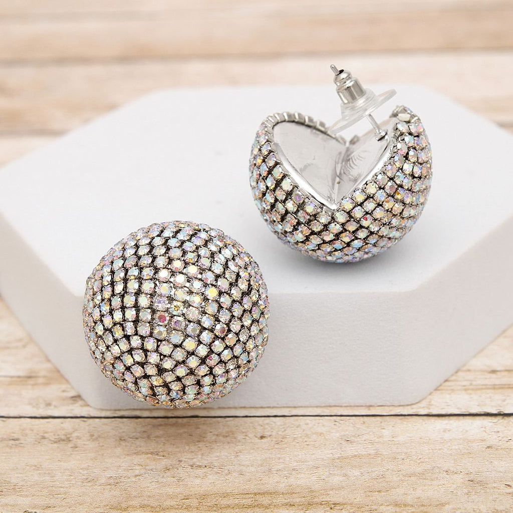 Aurora Borealis Rhinestone Earrings Globe Studs Silver