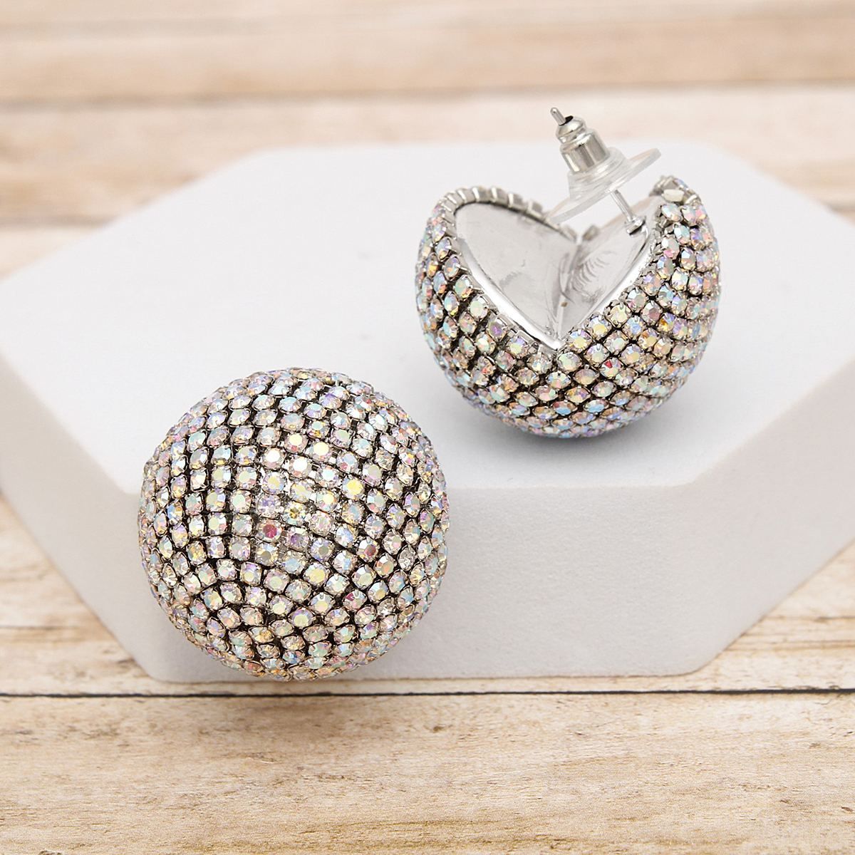 Aurora Borealis Rhinestone Earrings Globe Studs Silver