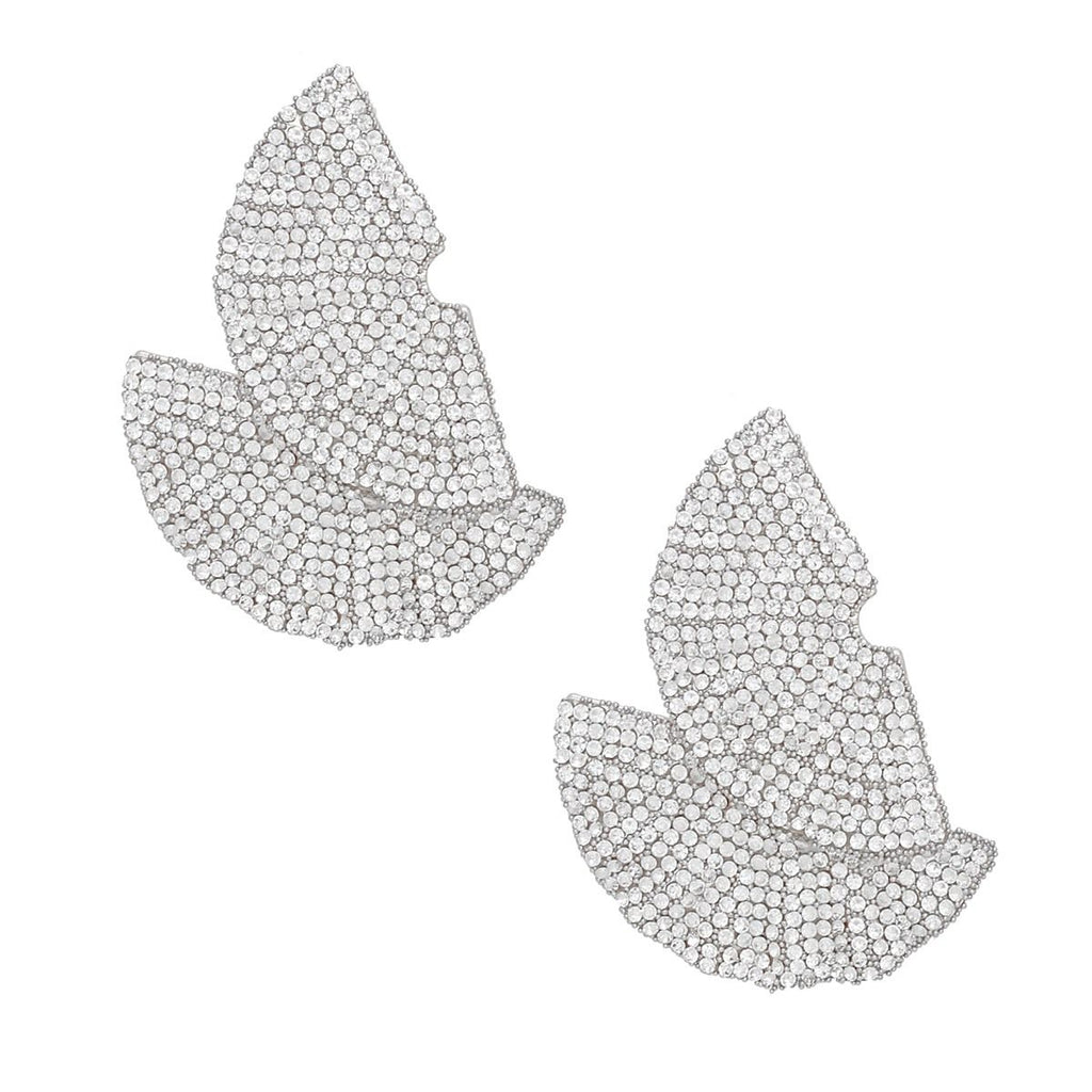 Art Deco Inspired Stud Earrings Silver Fan Rhinestone Statement