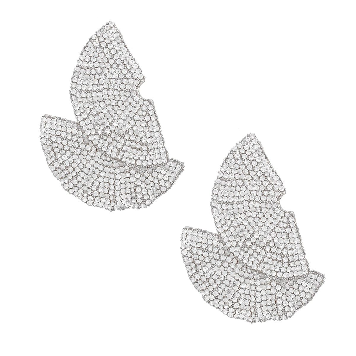 Art Deco Inspired Stud Earrings Silver Fan Rhinestone Statement
