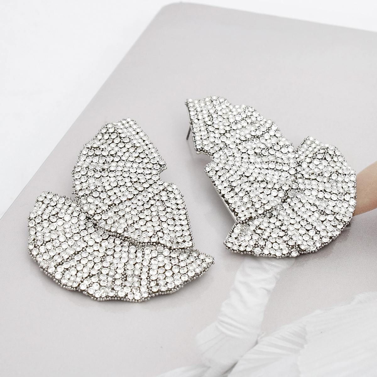 Art Deco Inspired Stud Earrings Silver Fan Rhinestone Statement