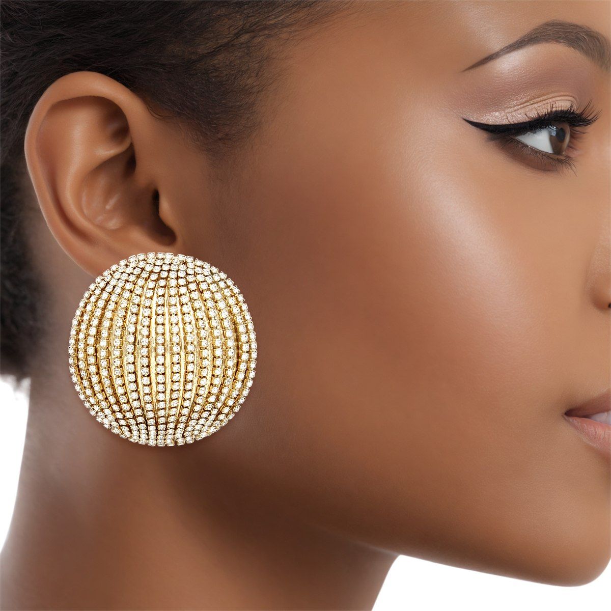 Gold Tone Rhinestone Domed Earrings Angelic Studs Lightweight