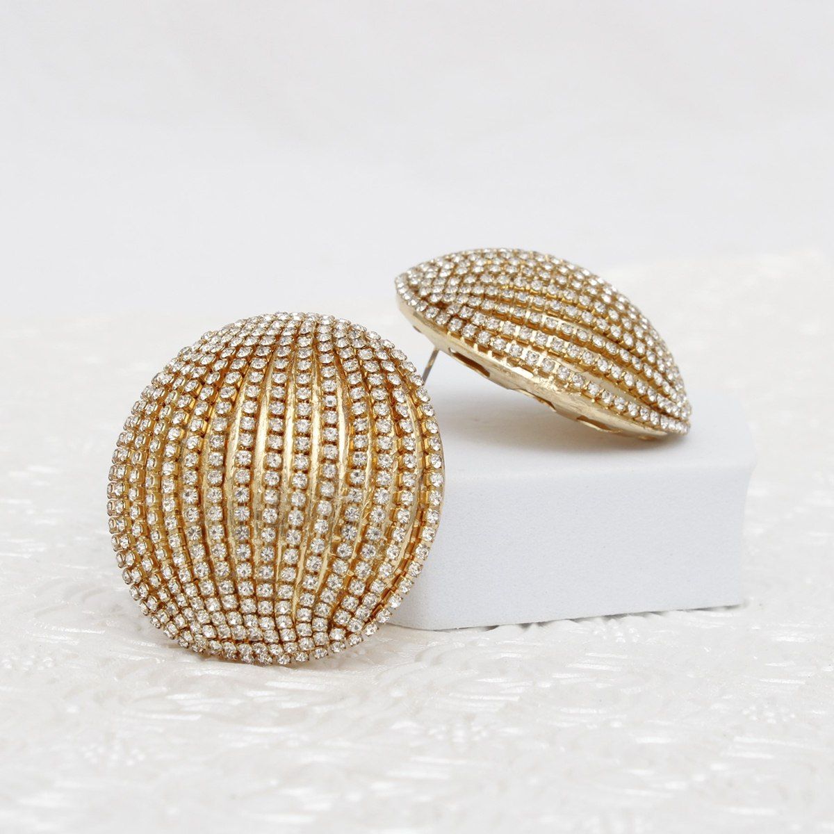 Gold Tone Rhinestone Domed Earrings Angelic Studs Lightweight