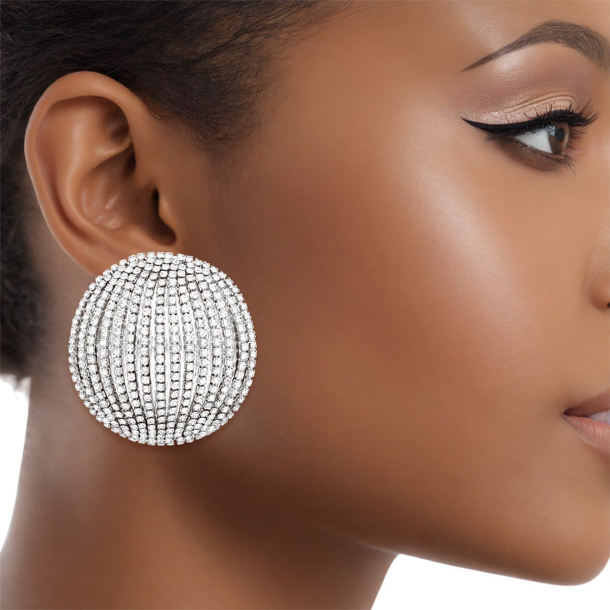 Silver Tone Rhinestone Domed Earrings Angelic Studs Lightweight