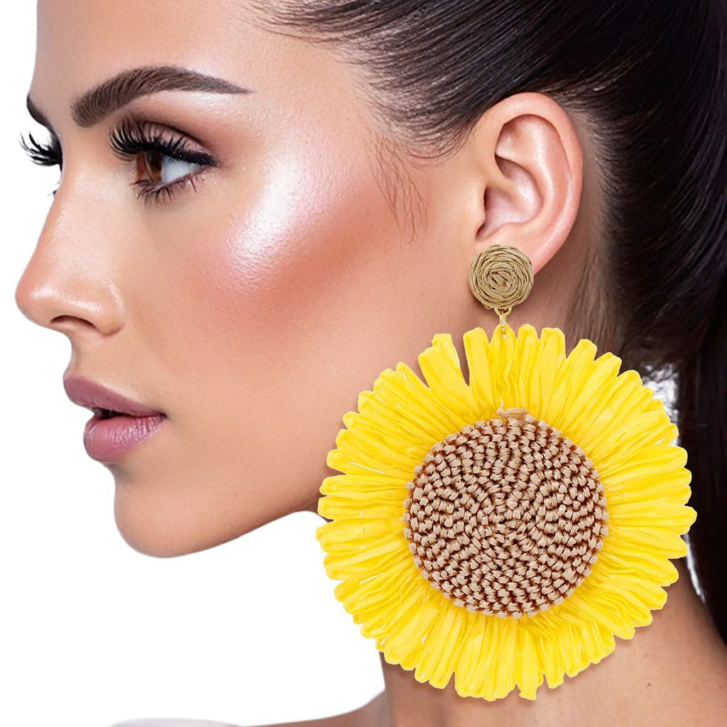 Yellow Sunflower Earrings Large Raffia Drop Statement