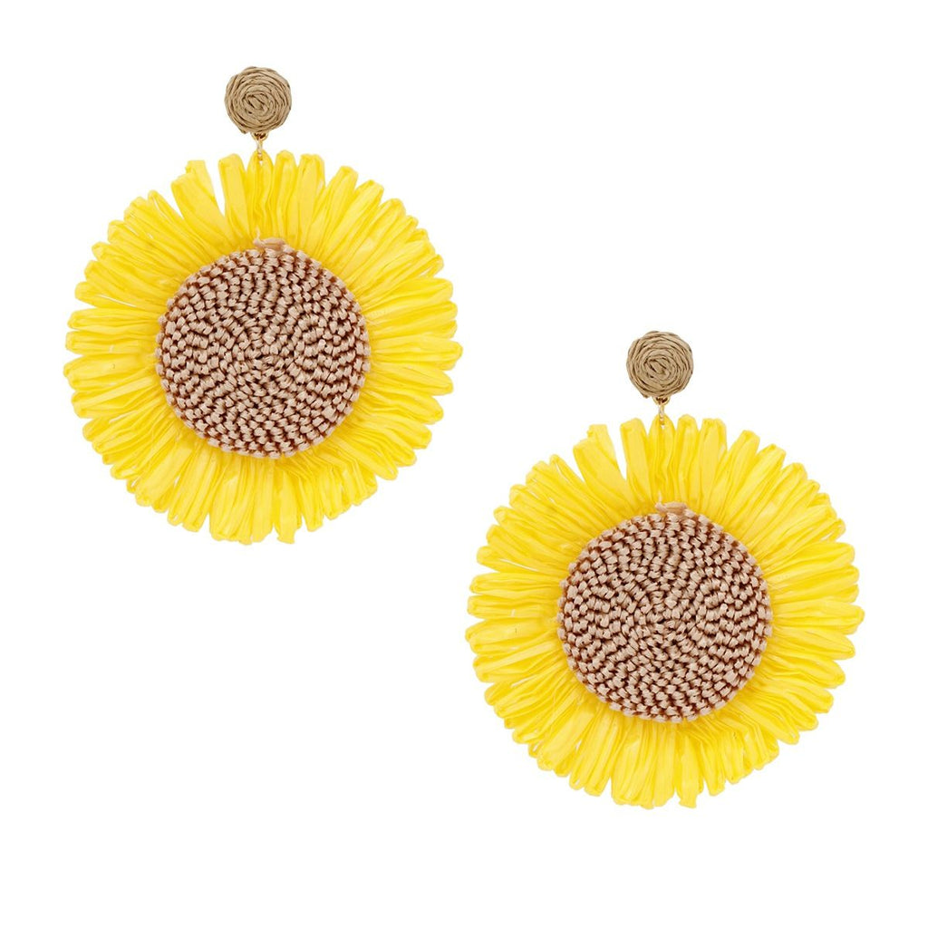 Yellow Sunflower Earrings Large Raffia Drop Statement