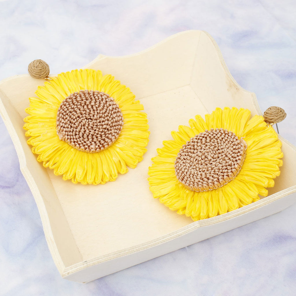 Yellow Sunflower Earrings Large Raffia Drop Statement