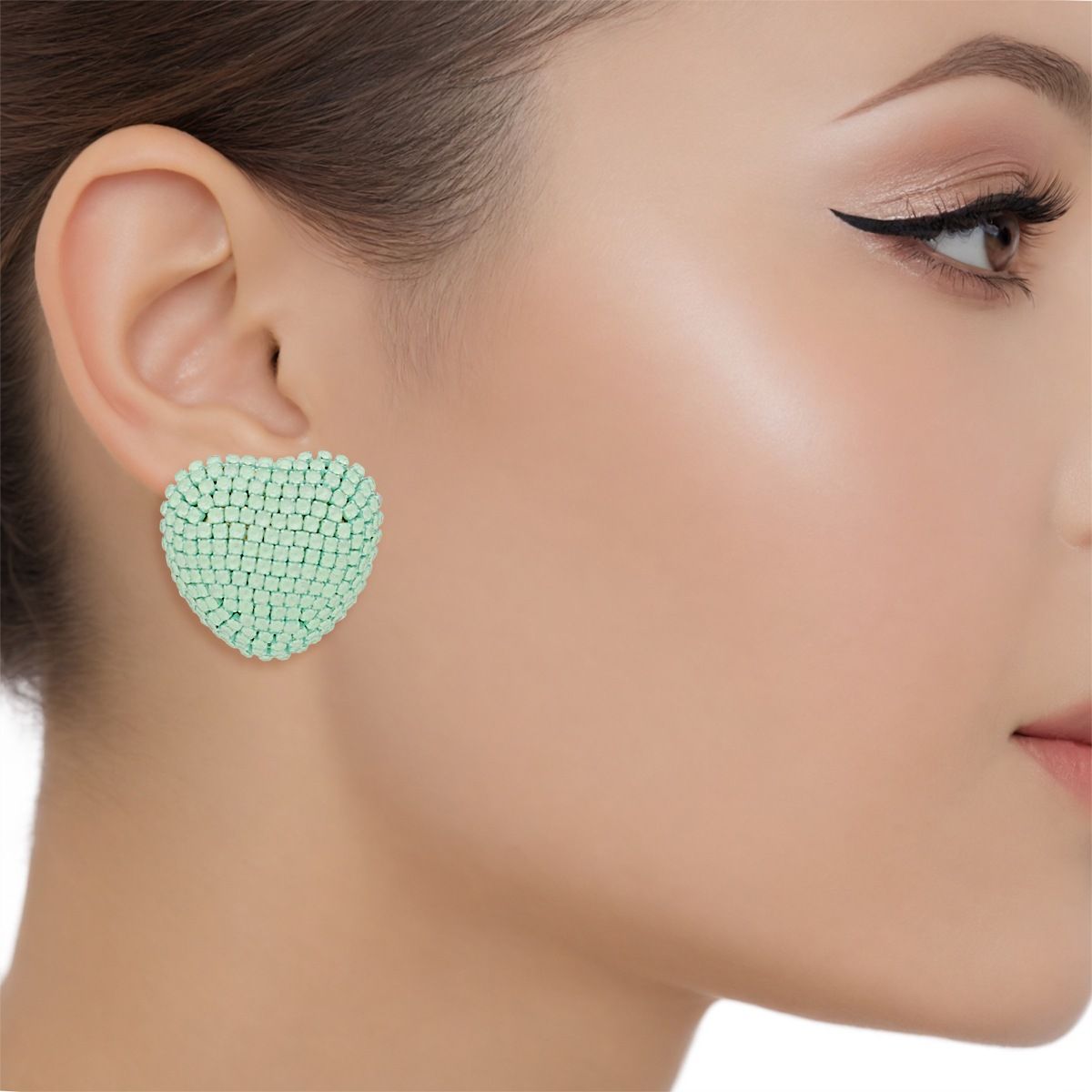 Pastel Green Heart Earrings Mint Rhinestone Studs Gold Tone