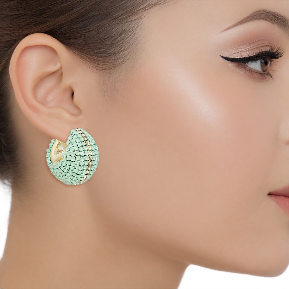 Green Rhinestone Hoop Earrings Gold Tone Wide C Design