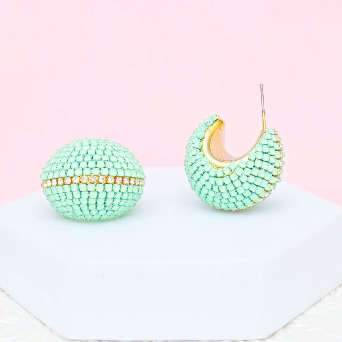 Green Rhinestone Hoop Earrings Gold Tone Wide C Design