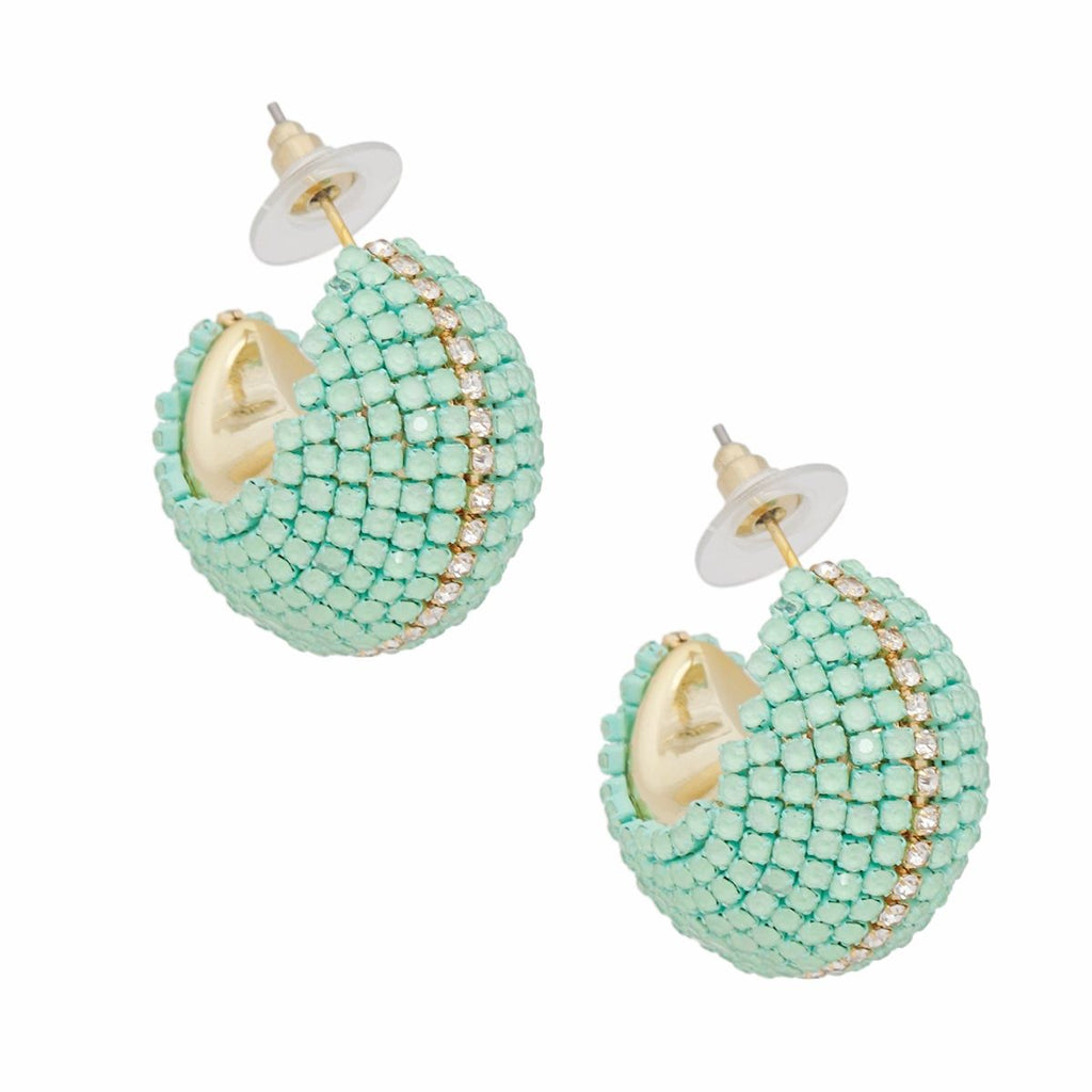 Green Rhinestone Hoop Earrings Gold Tone Wide C Design