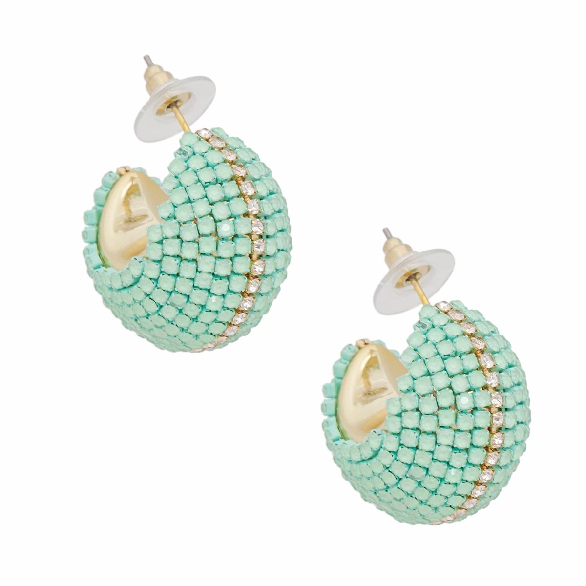Green Rhinestone Hoop Earrings Gold Tone Wide C Design