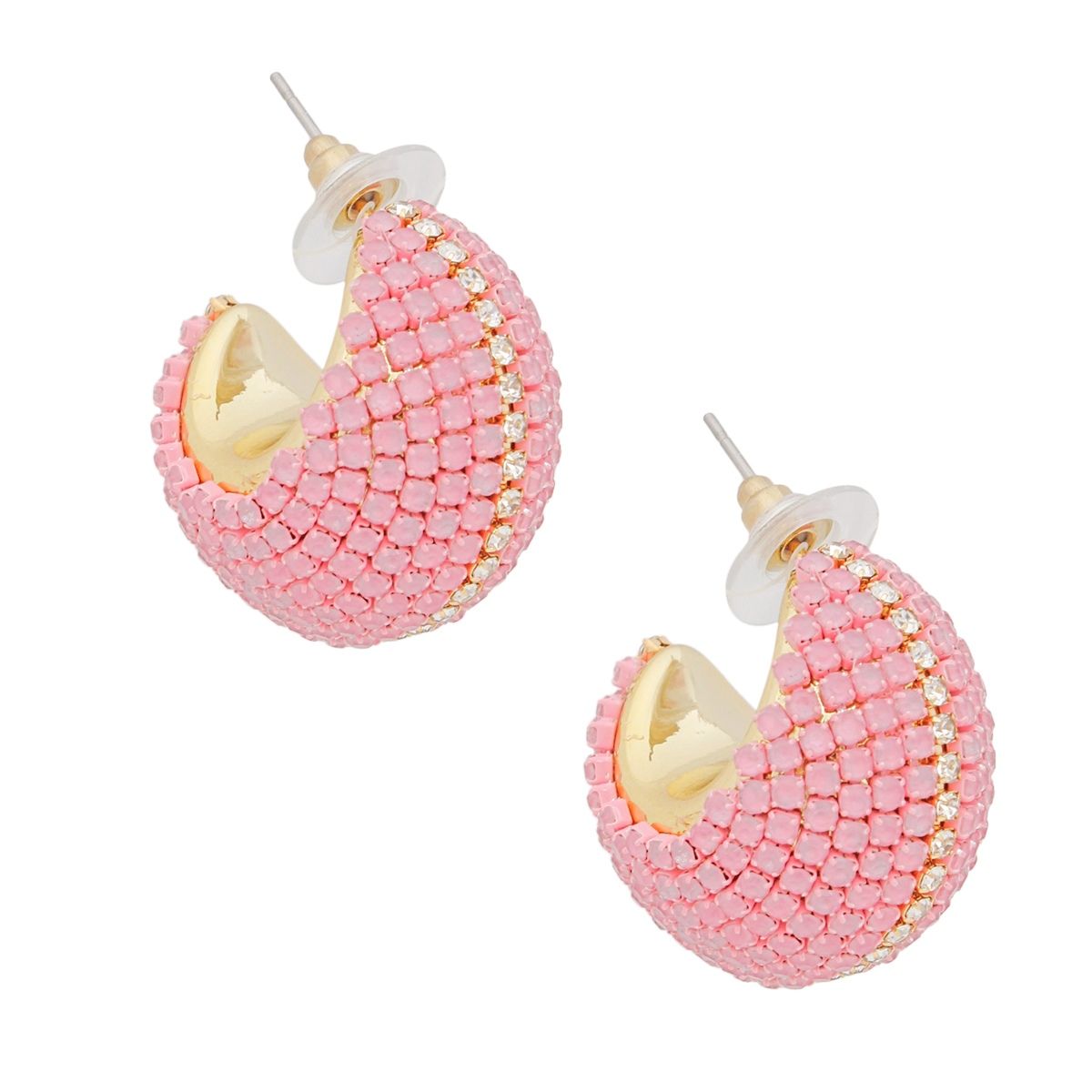 Pink Rhinestone Hoop Earrings Gold Tone Wide C Design