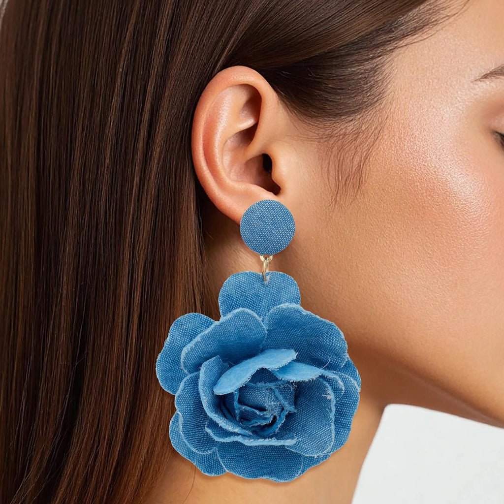 Blue Denim Flower Drop Earrings Boutique Layered Petals