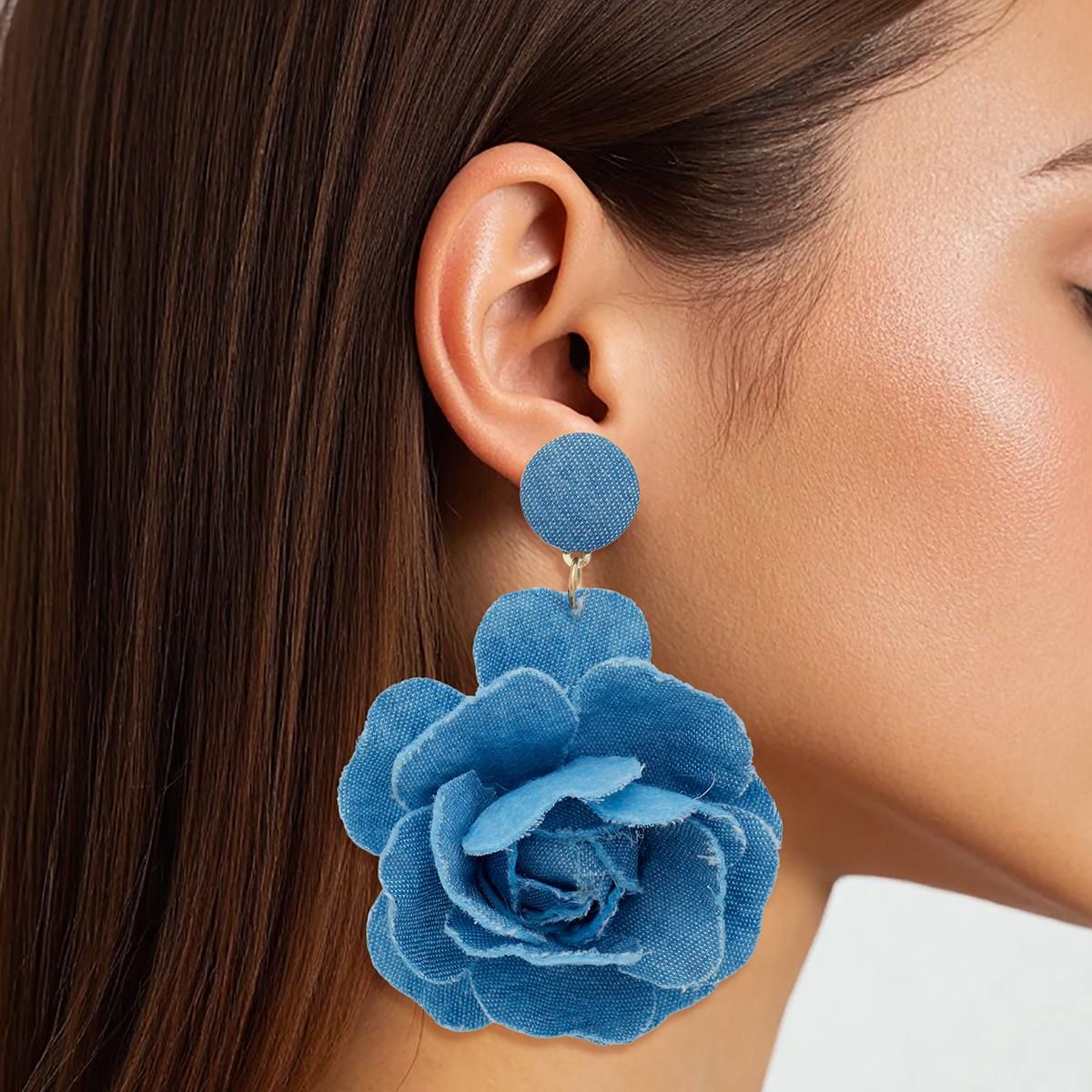 Blue Denim Flower Drop Earrings Boutique Layered Petals