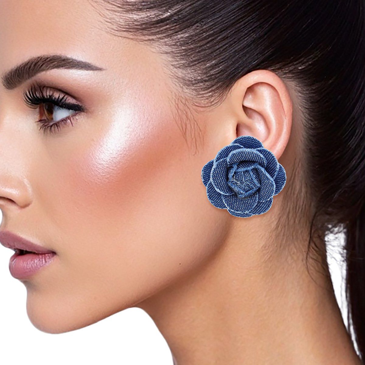 Blue Rose Stud Earrings Denim Flower Design