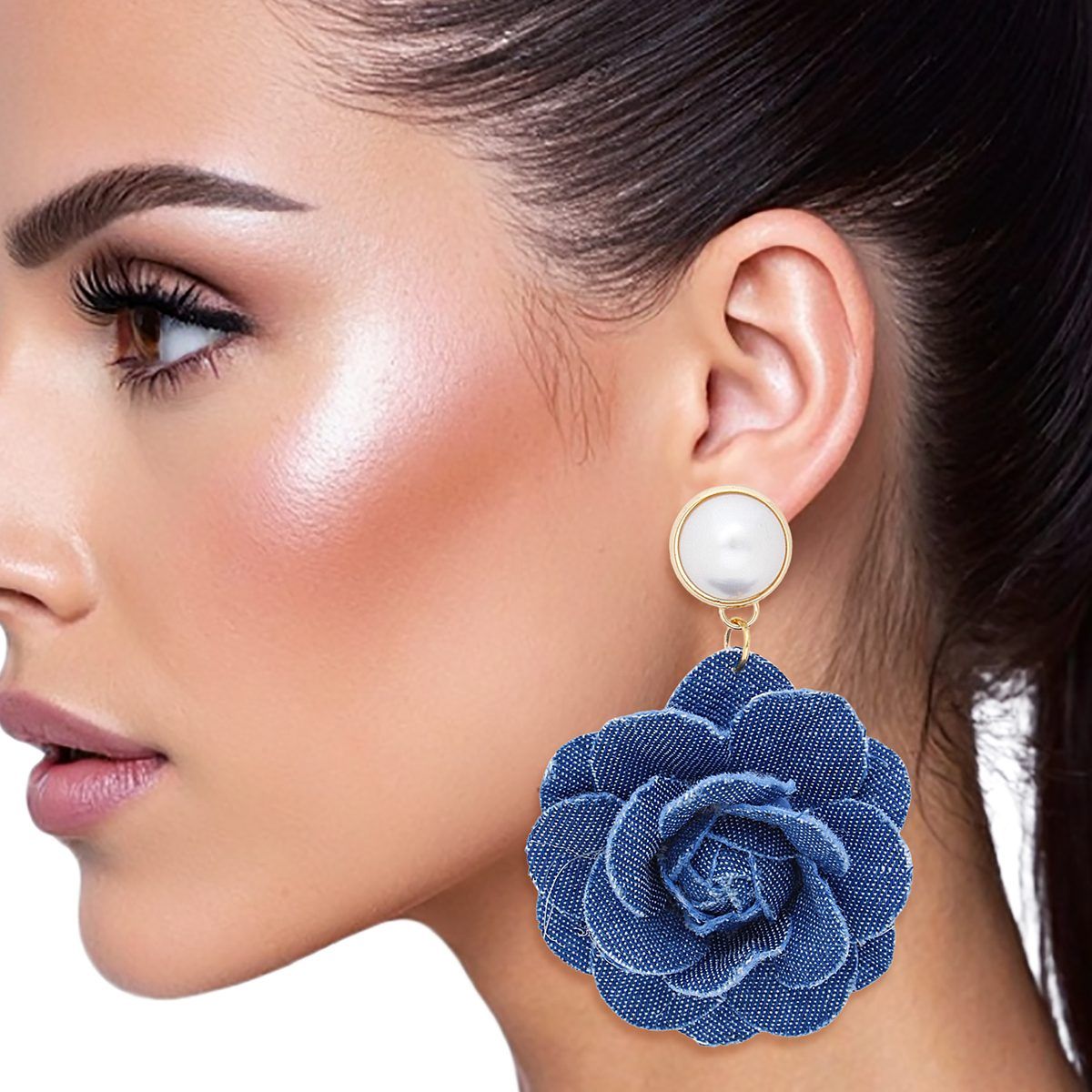 Dimensional Blue Rose Drop Statement Earrings