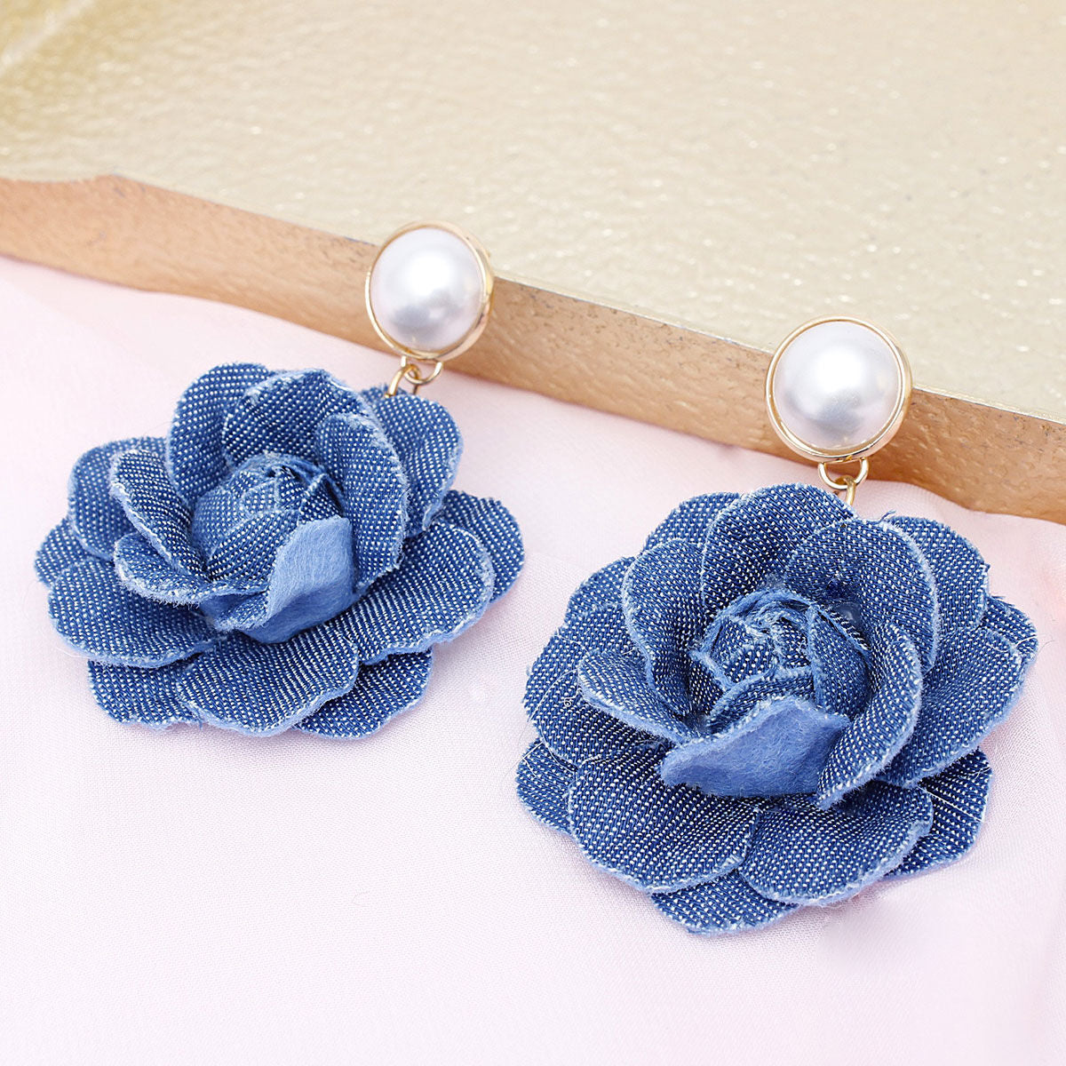 Dimensional Blue Rose Drop Statement Earrings