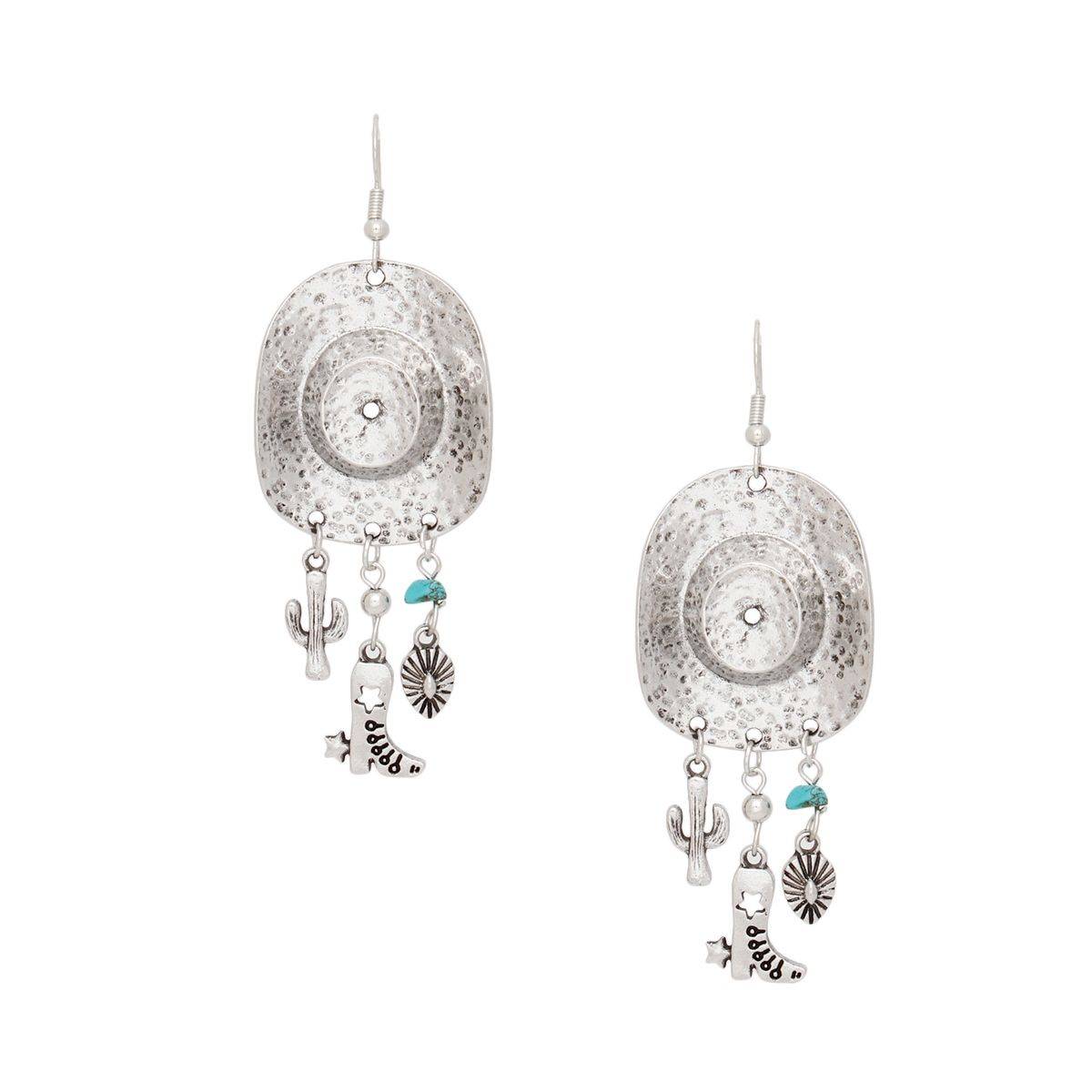 Cowboy Hat Earrings Burnished Silver Western Dangle Charms