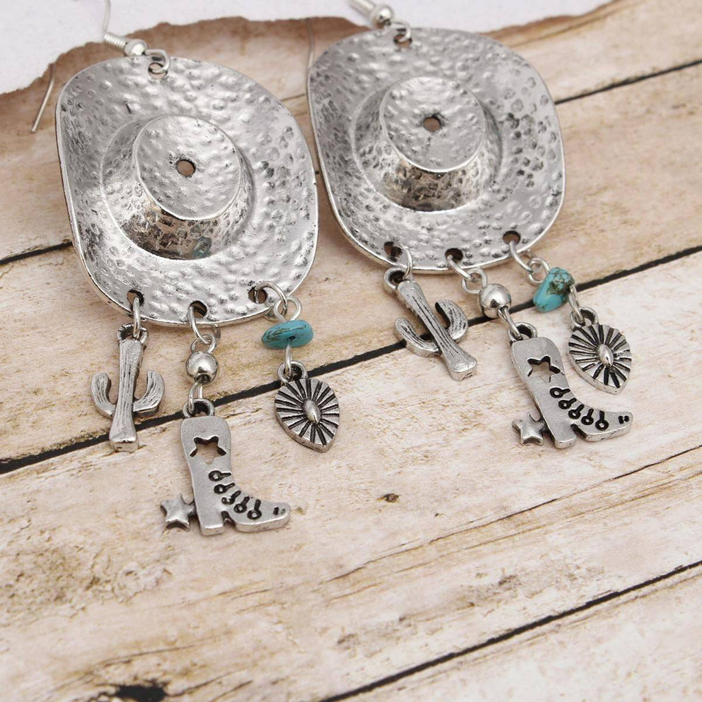 Cowboy Hat Earrings Burnished Silver Western Dangle Charms
