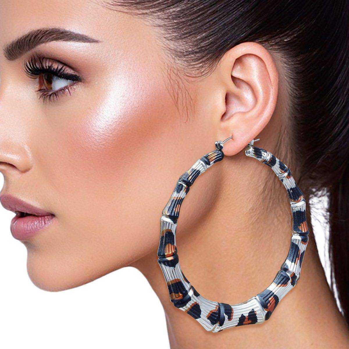 Animal Print Hoop Earrings in Silver Tone