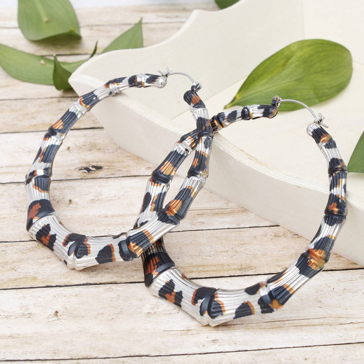 Animal Print Hoop Earrings in Silver Tone