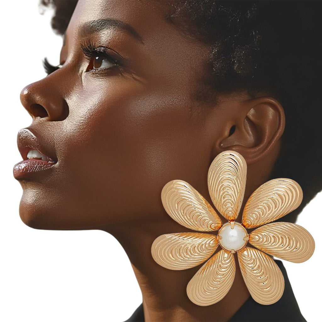 Gold Flower Stud Earrings Metal Shell-Like Sculptural Petals