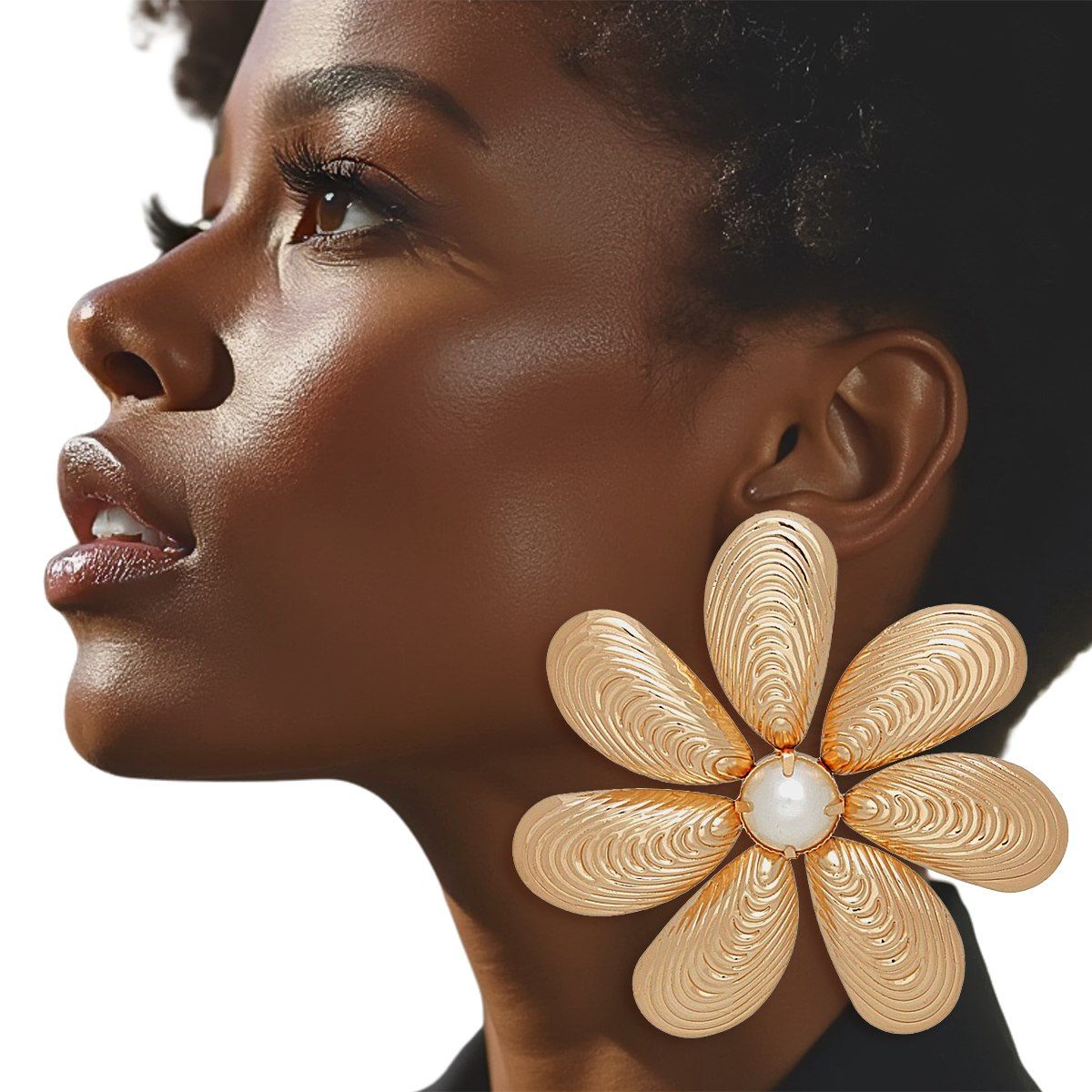 Gold Flower Stud Earrings Metal Shell-Like Sculptural Petals