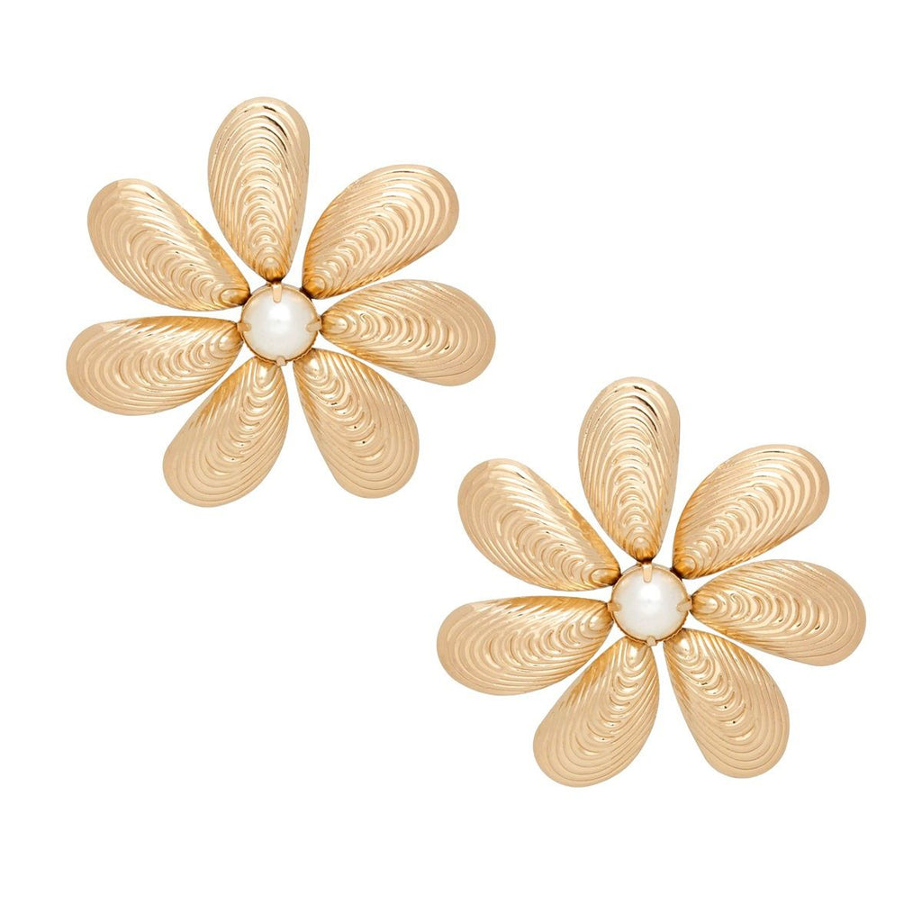 Gold Flower Stud Earrings Metal Shell-Like Sculptural Petals