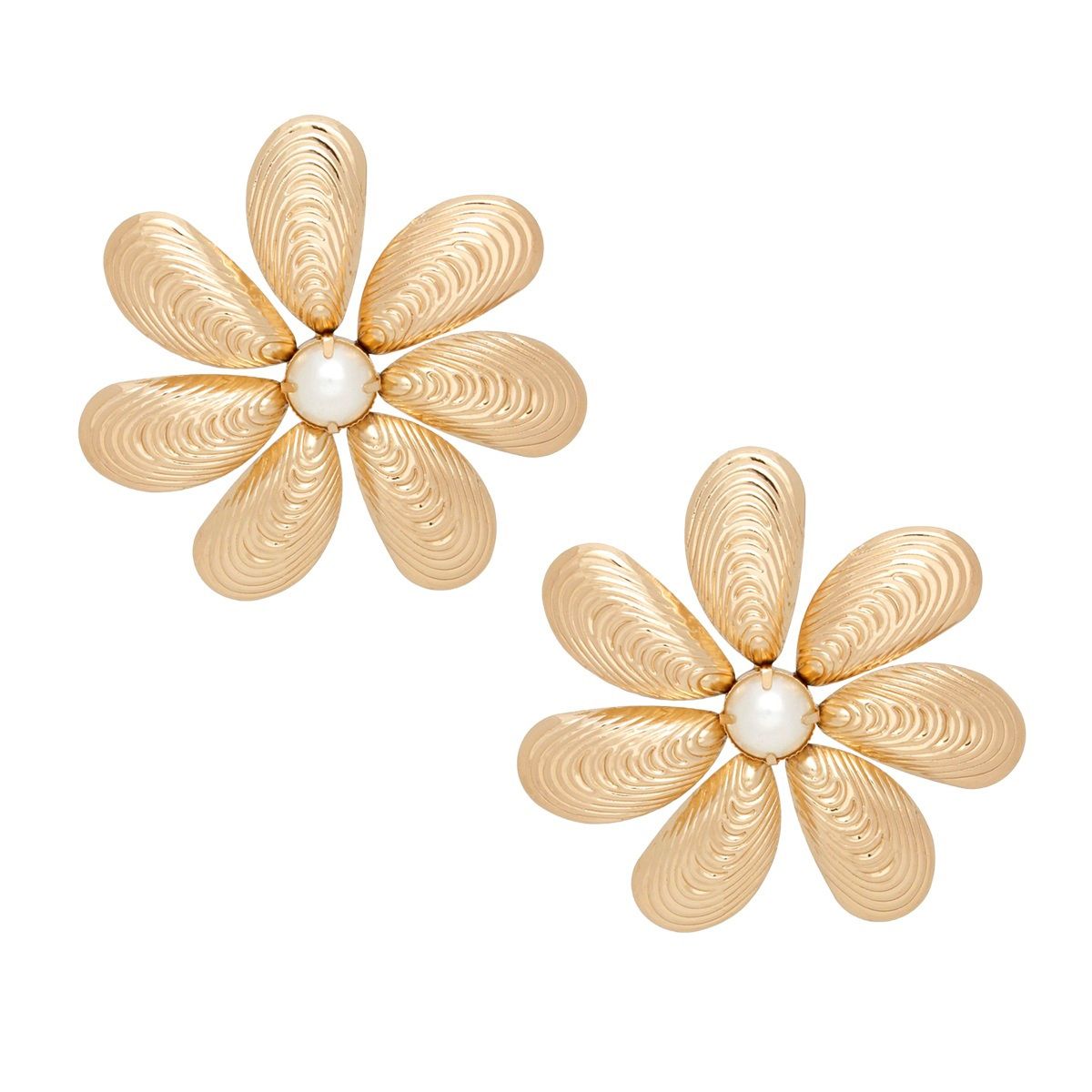 Gold Flower Stud Earrings Metal Shell-Like Sculptural Petals