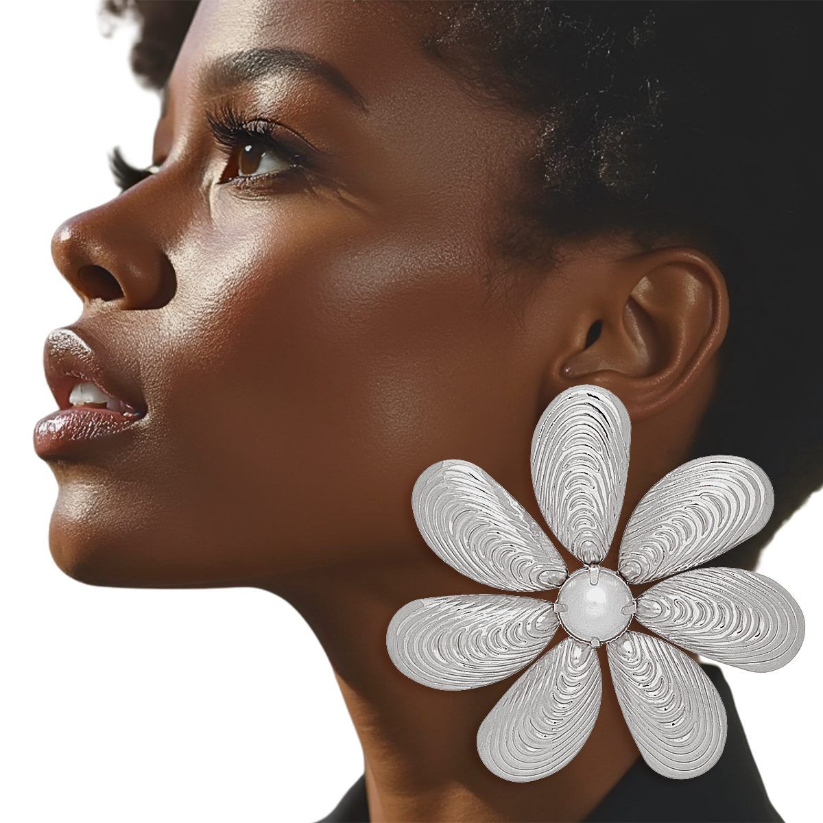 Silver Flower Stud Earrings Metal Shell-Like Sculptural Petals