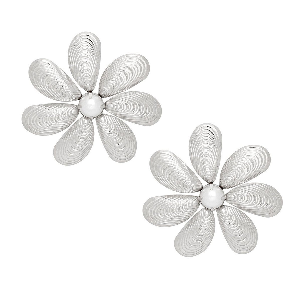 Silver Flower Stud Earrings Metal Shell-Like Sculptural Petals