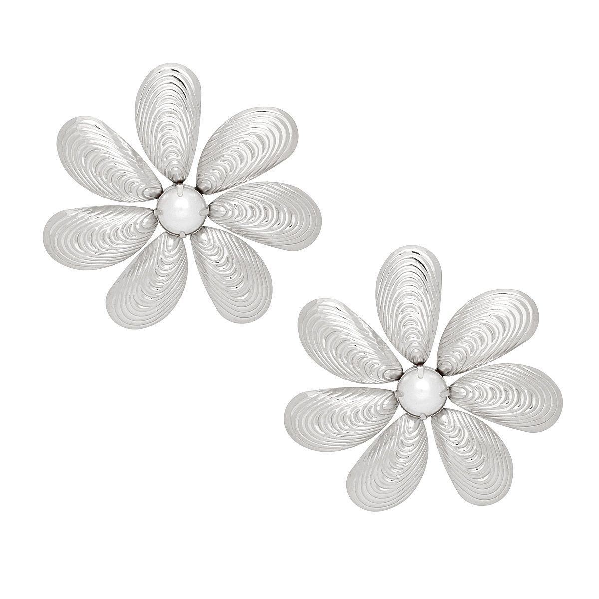 Silver Flower Stud Earrings Metal Shell-Like Sculptural Petals