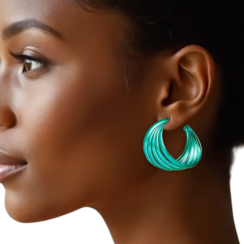 Green Hoop Earrings Wide Stacked Design Metal Bold Color