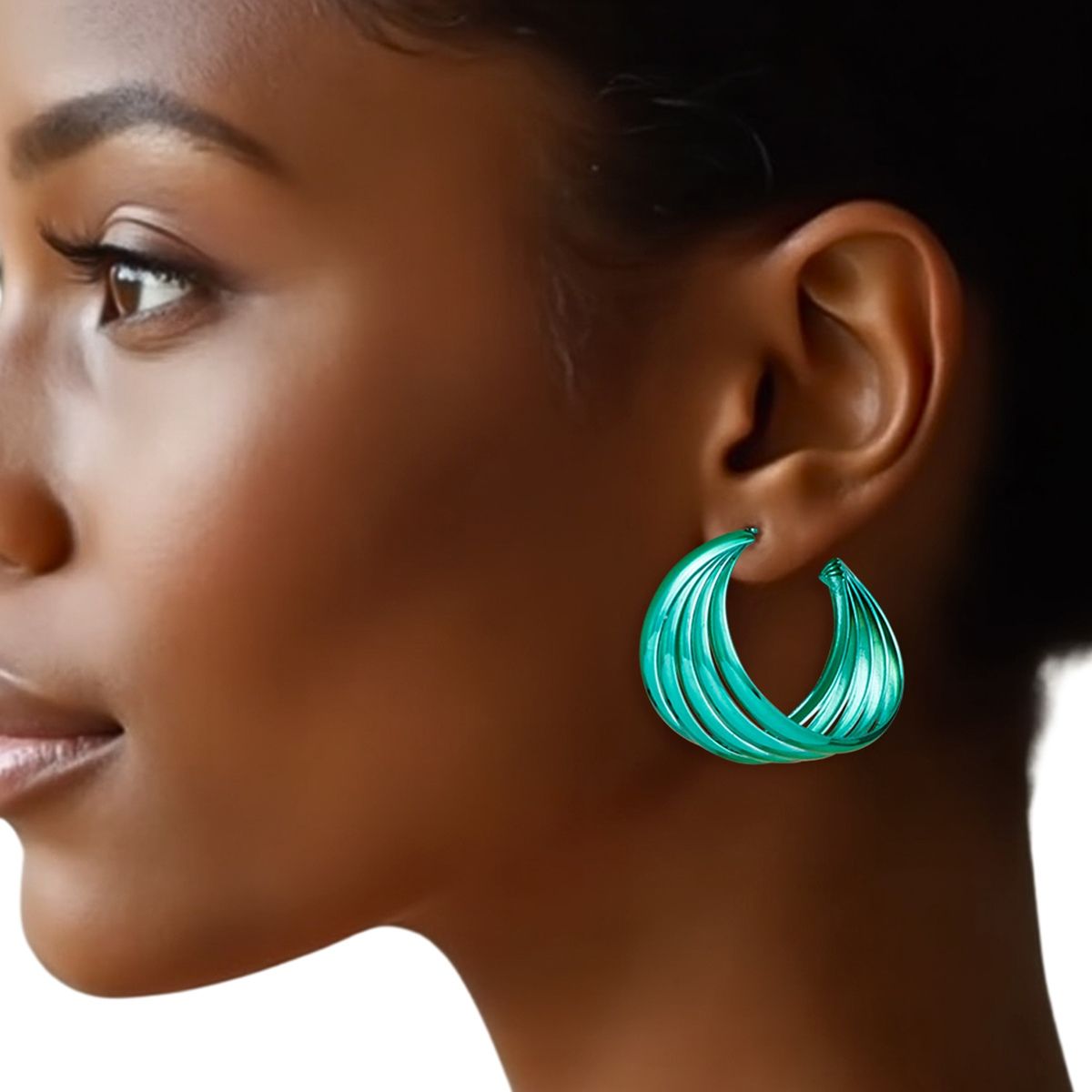 Green Hoop Earrings Wide Stacked Design Metal Bold Color