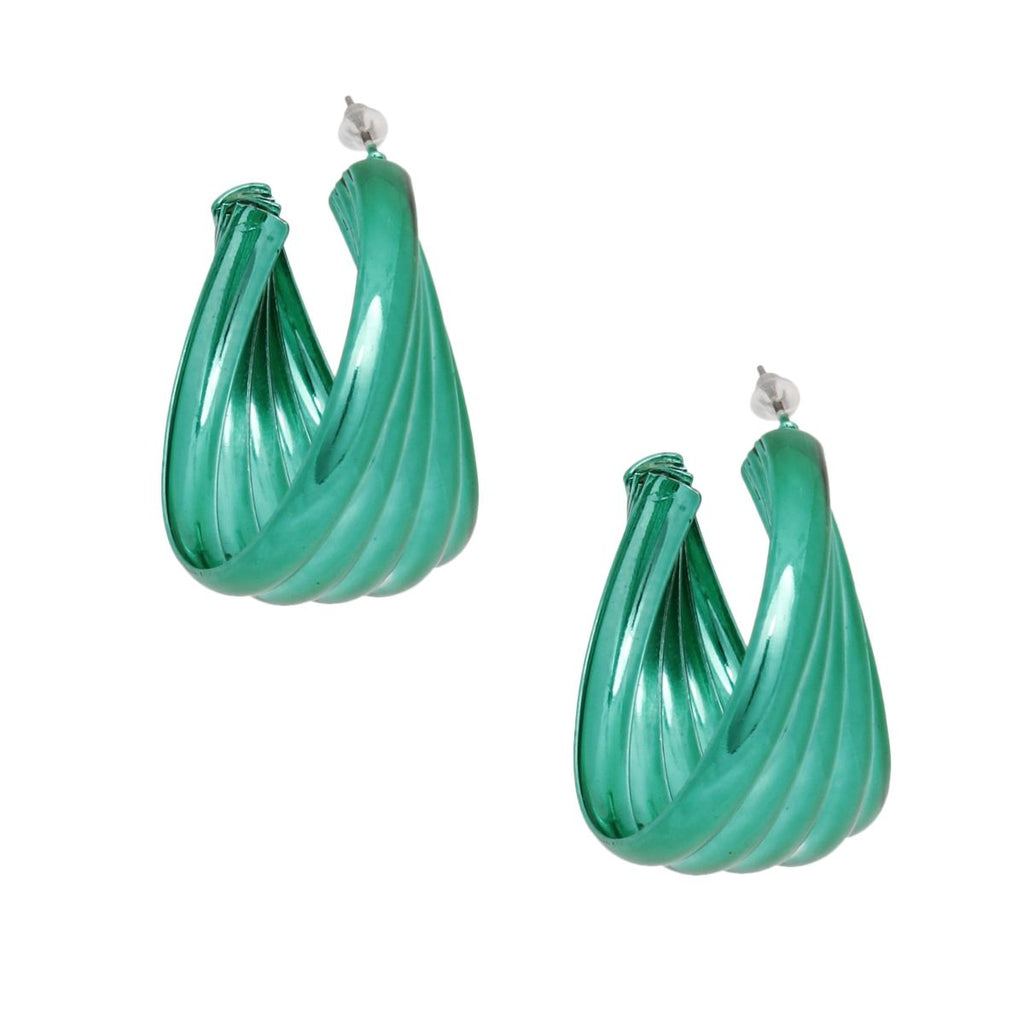 Green Hoop Earrings Wide Stacked Design Metal Bold Color
