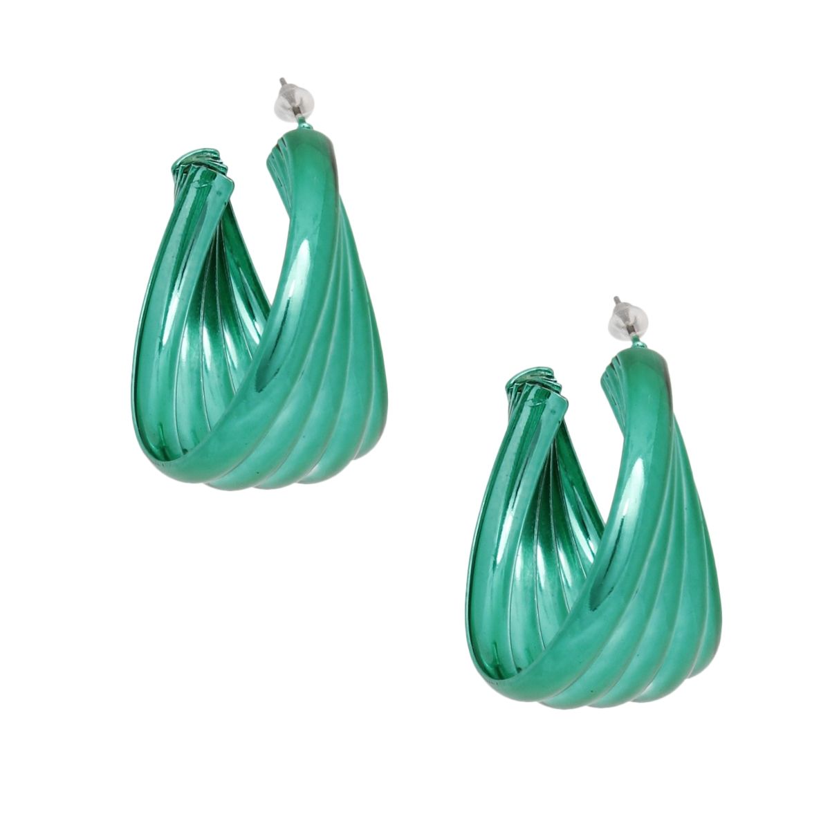 Green Hoop Earrings Wide Stacked Design Metal Bold Color