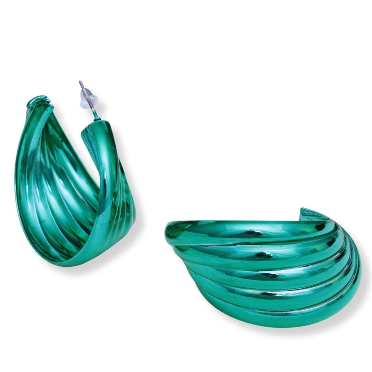 Green Hoop Earrings Wide Stacked Design Metal Bold Color