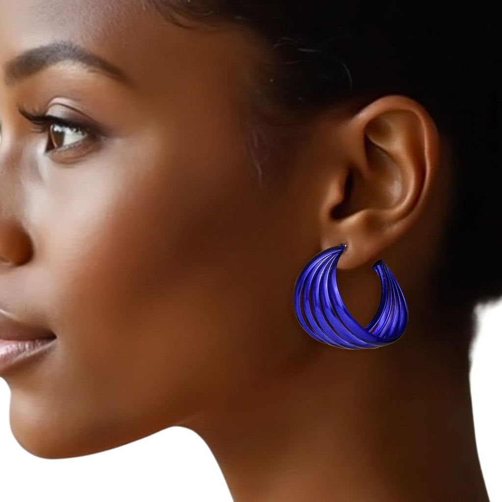 Purple Hoop Earrings Wide Stacked Design Metal Bold Color
