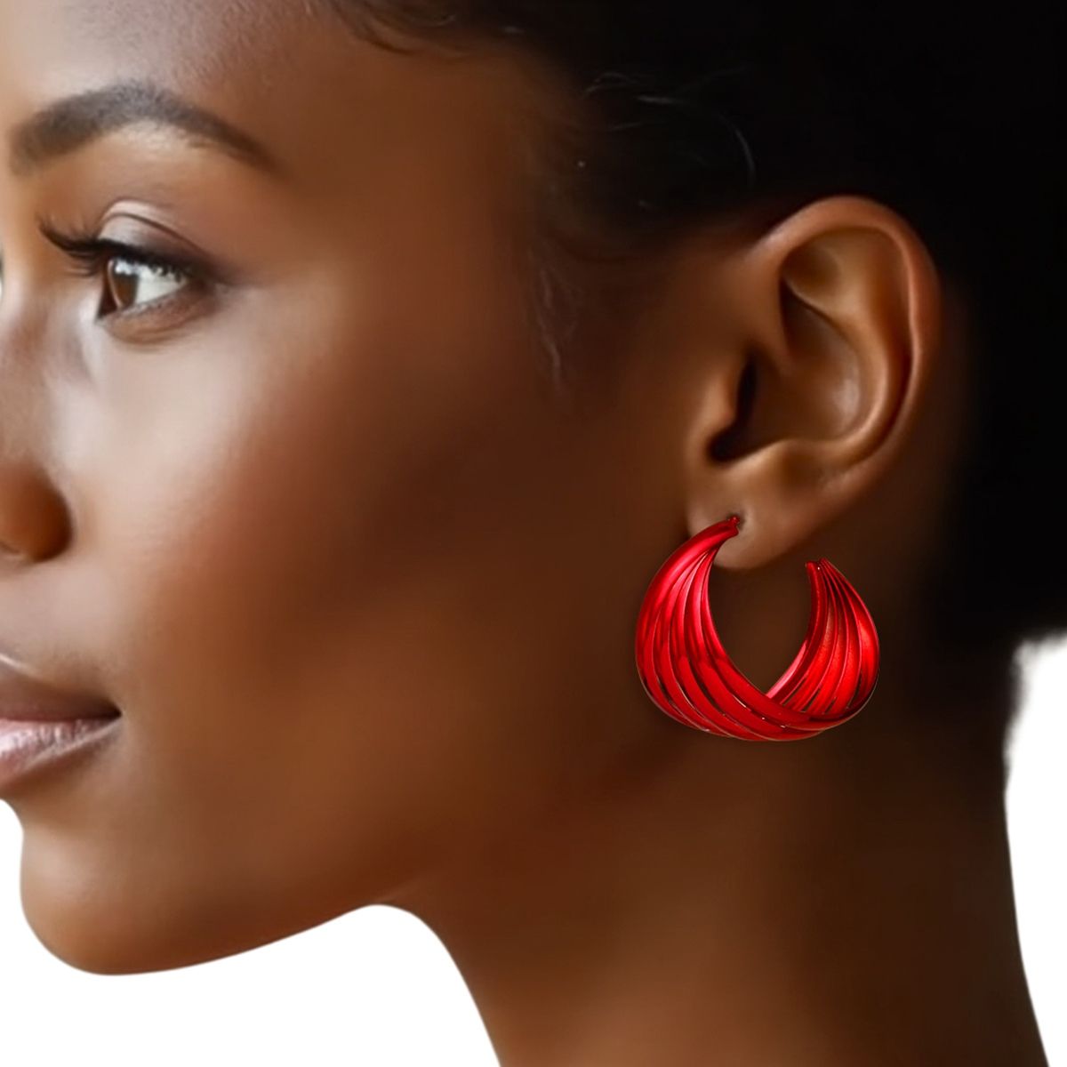 Red Hoop Earrings Wide Stacked Design Metal Bold Color