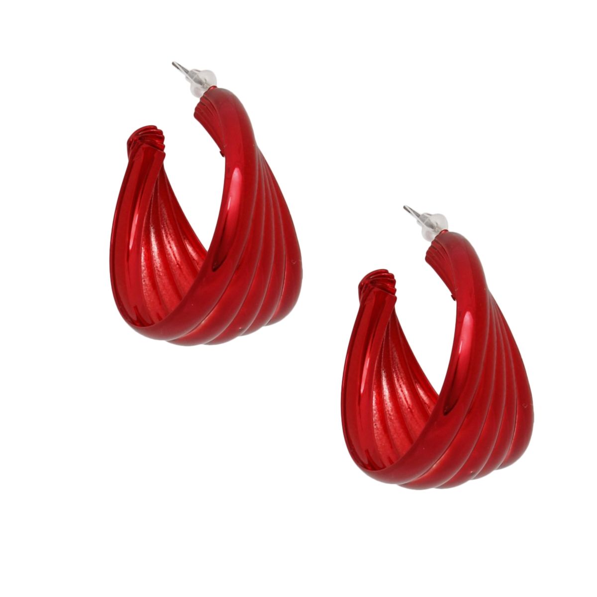 Red Hoop Earrings Wide Stacked Design Metal Bold Color