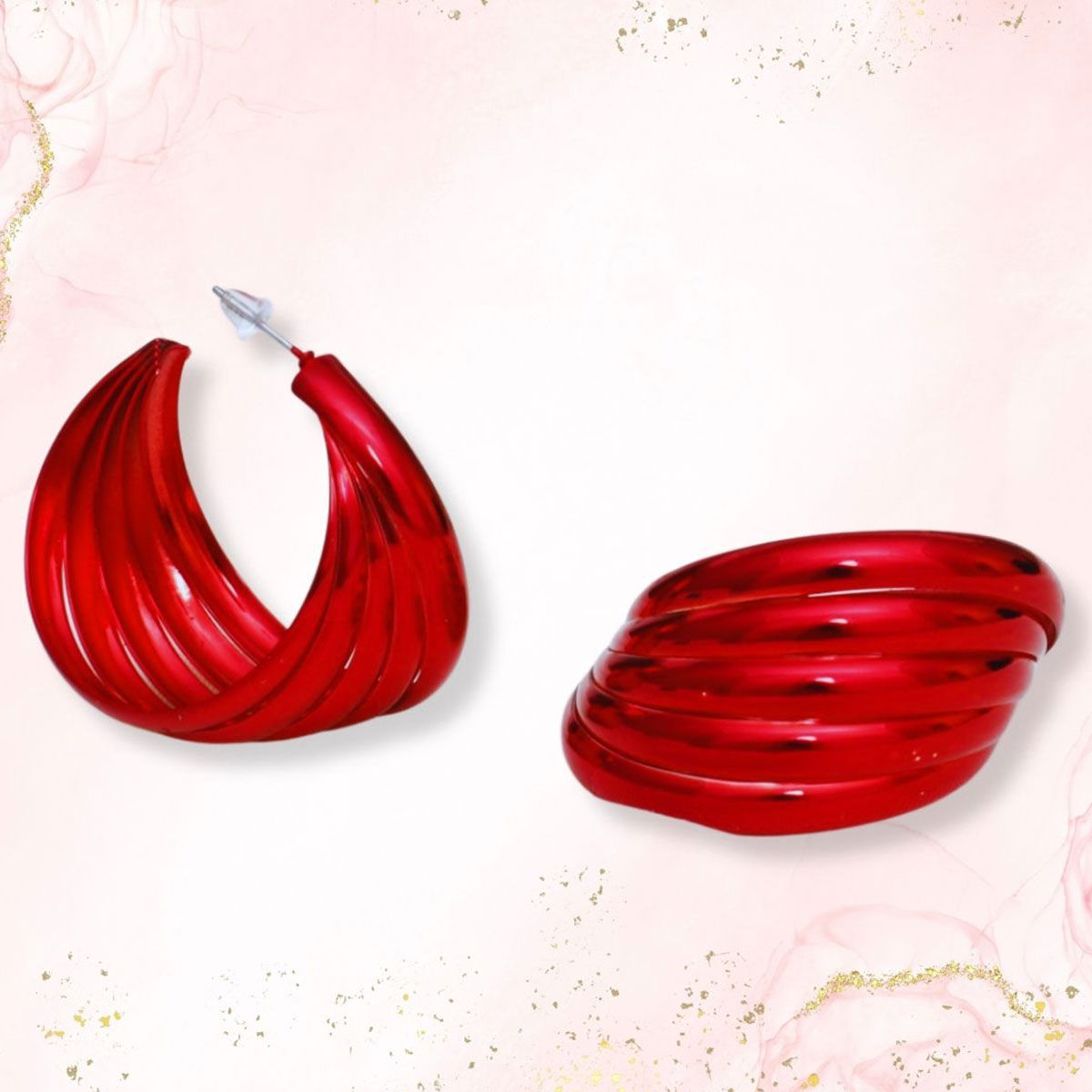 Red Hoop Earrings Wide Stacked Design Metal Bold Color